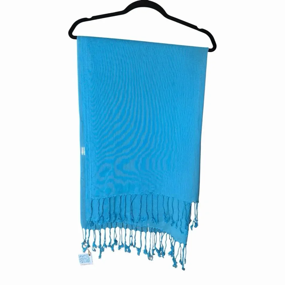 Handmade Turquoise Blue Sheer Fringe Scarf Lightweight Shawl Wrap Boho Style